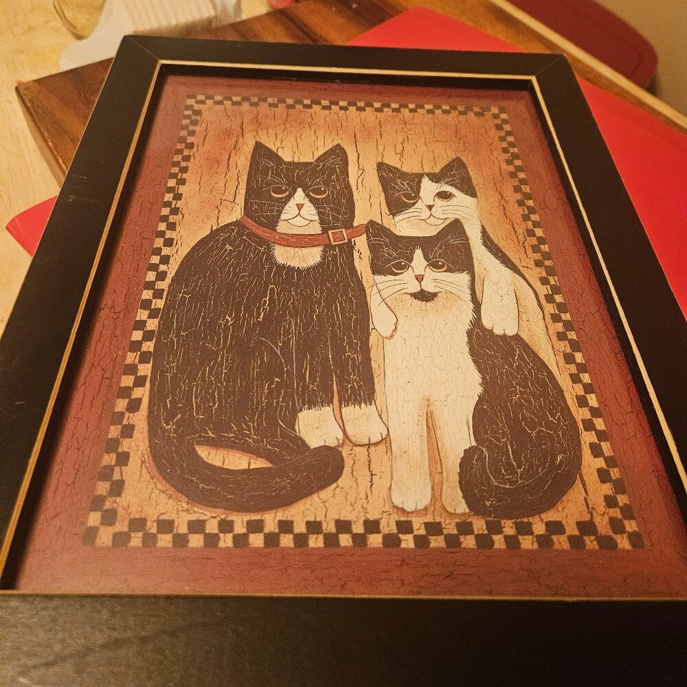 folk art print featuring 3 tuxedo cats